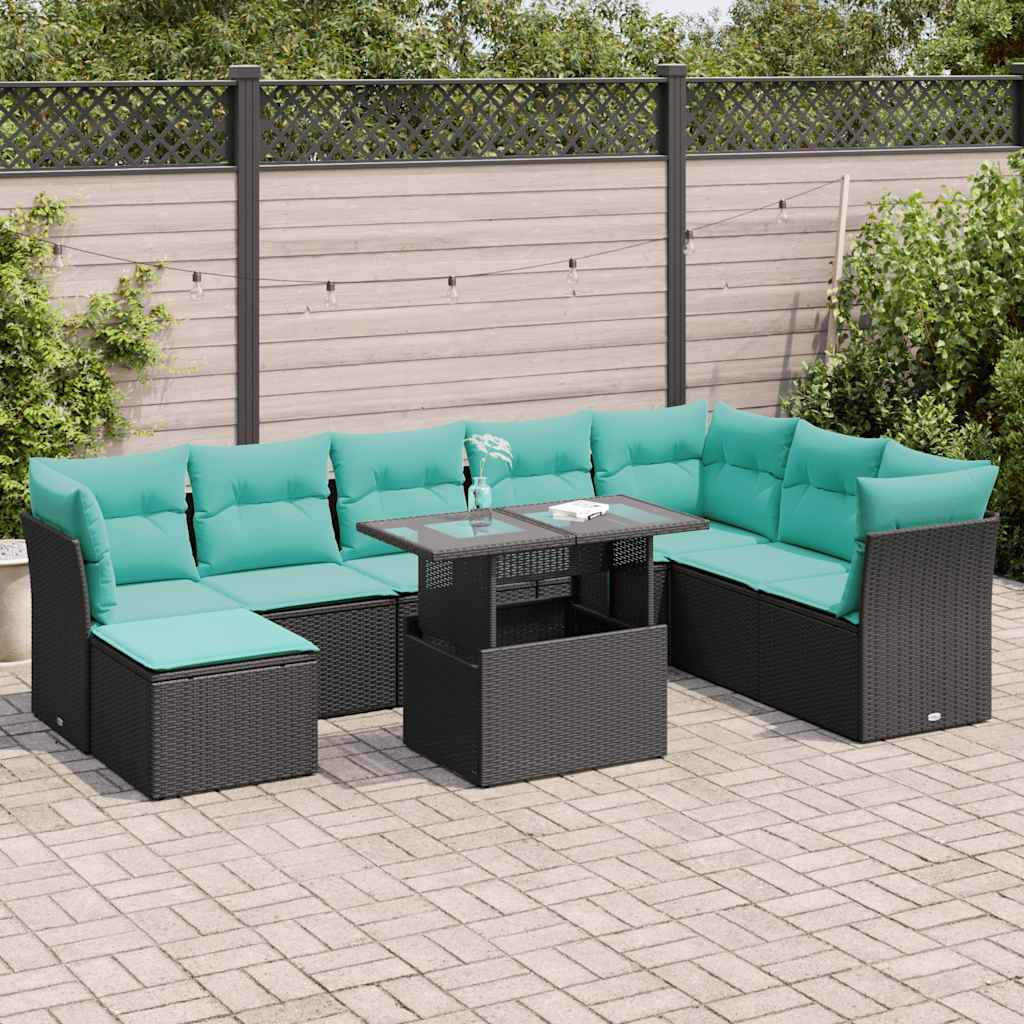 9 Pcs conjunto sofás p/ jardim almofadões vime PE/acácia preto