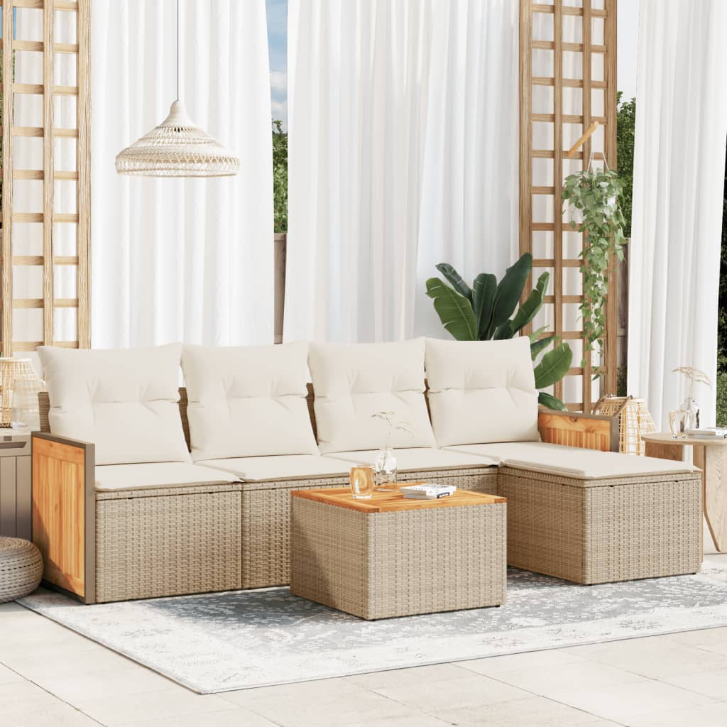 6 Pcs conjunto de sofás p/ jardim com almofadões vime PE bege