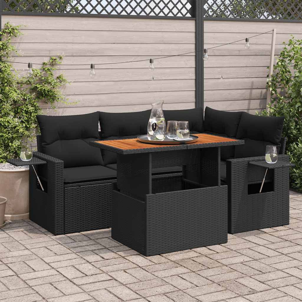 5 Pcs conjunto sofás de jardim com almofadões vime PE preto