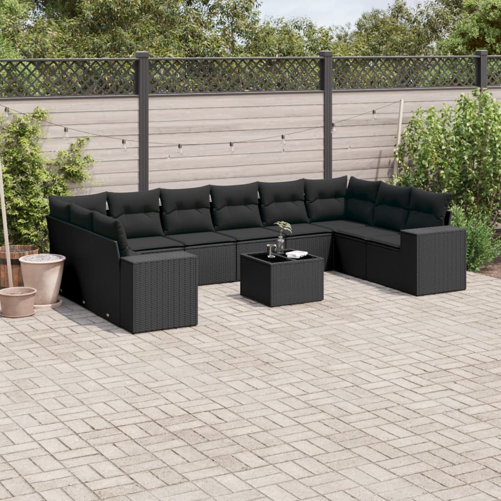 11 Pcs conjunto sofás de jardim c/ almofadões vime PE preto