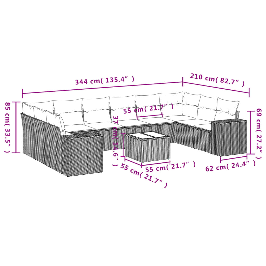 11 Pcs conjunto sofás de jardim c/ almofadões vime PE preto