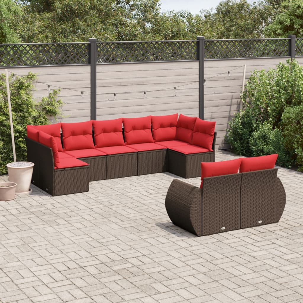 Conjunto de sofá de jardim com 9 peças e almofadas em rattan sintético marrom