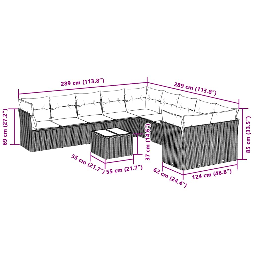 11 Pcs conjunto sofás de jardim c/ almofadões vime PE cinzento