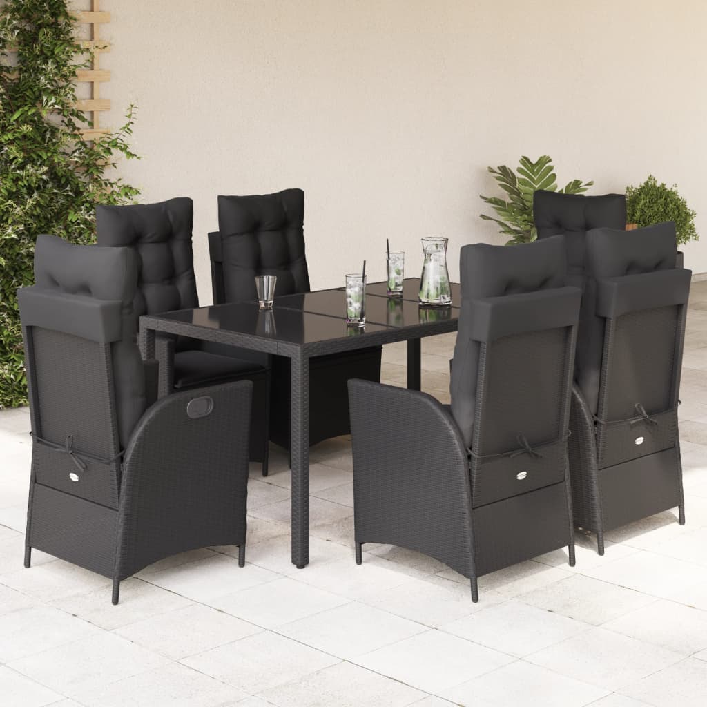 7 Pcs conjunto de jantar p/ jardim c/ almofadões vime PE preto