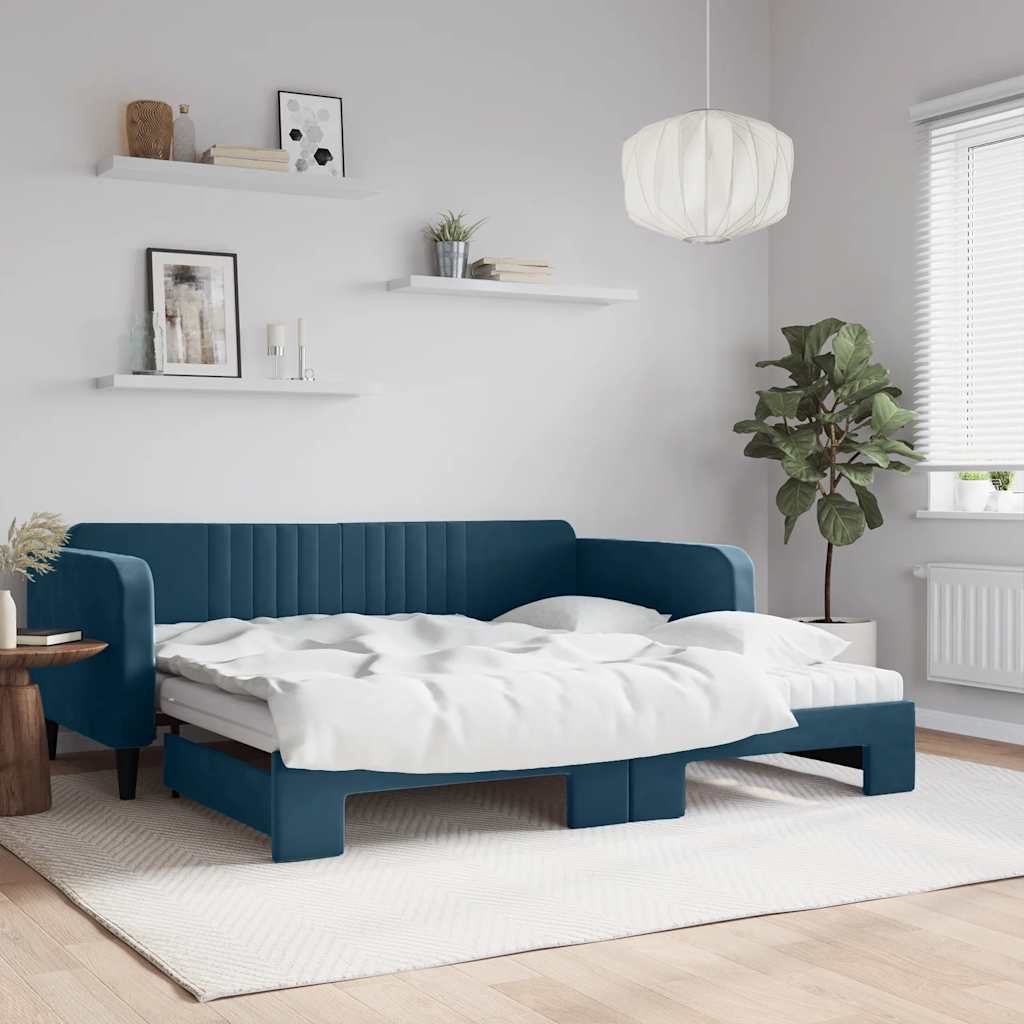 Sofá-cama com gavetão e colchões 100x200 cm veludo azul