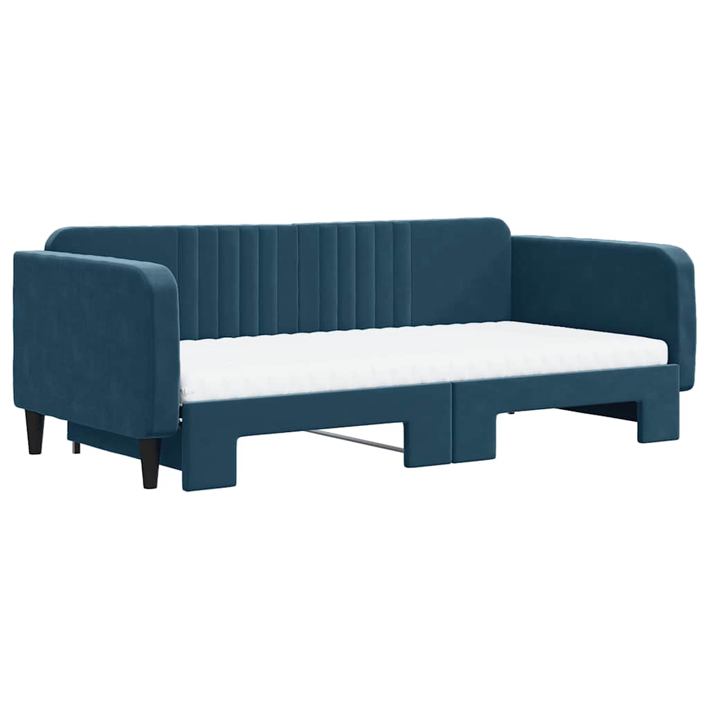 Sofá-cama com gavetão e colchões 100x200 cm veludo azul