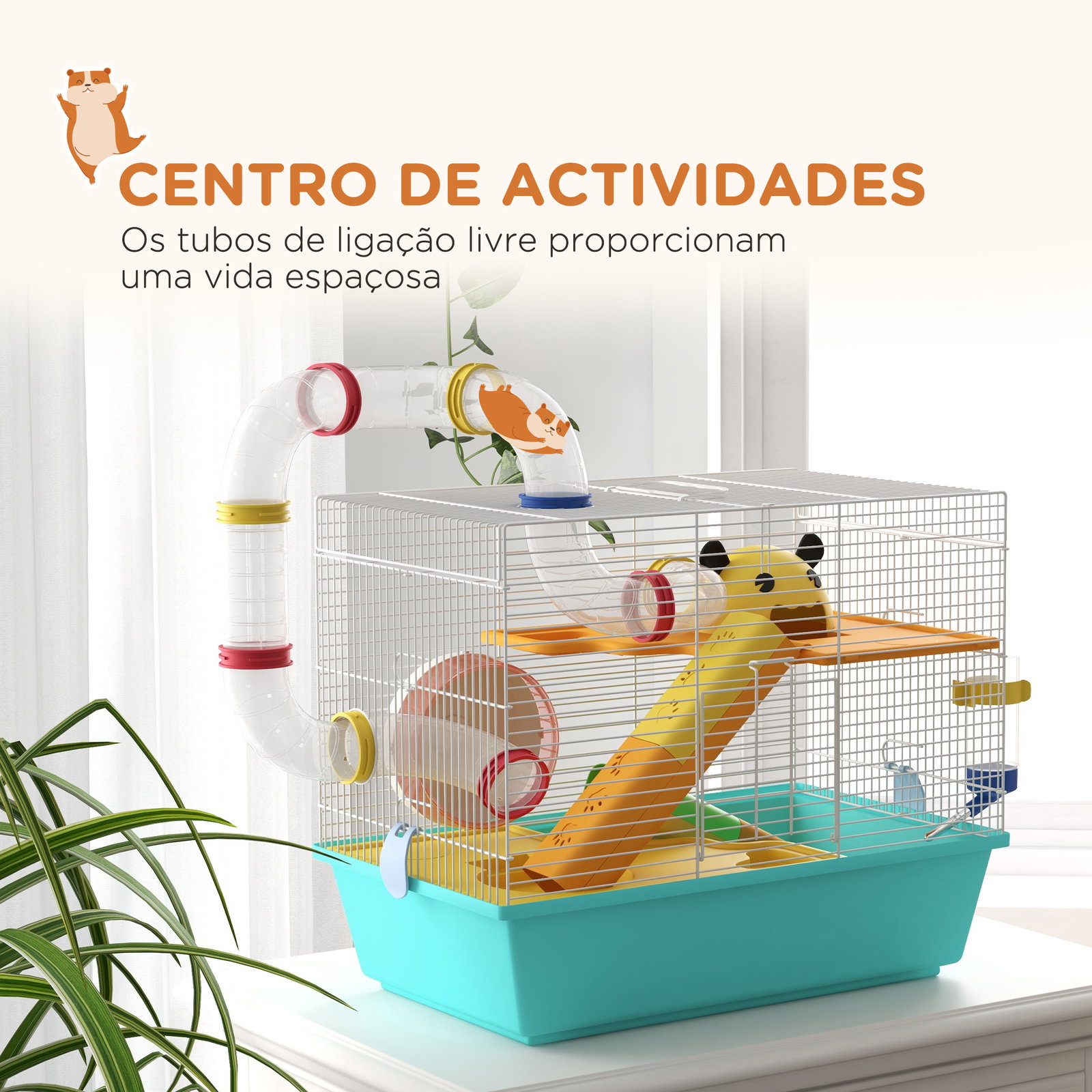 Gaiola para hamsters com túnel plataformas comedouro bebedouro casinha rampas e roda de exercício 45x28x37 cm azul claro