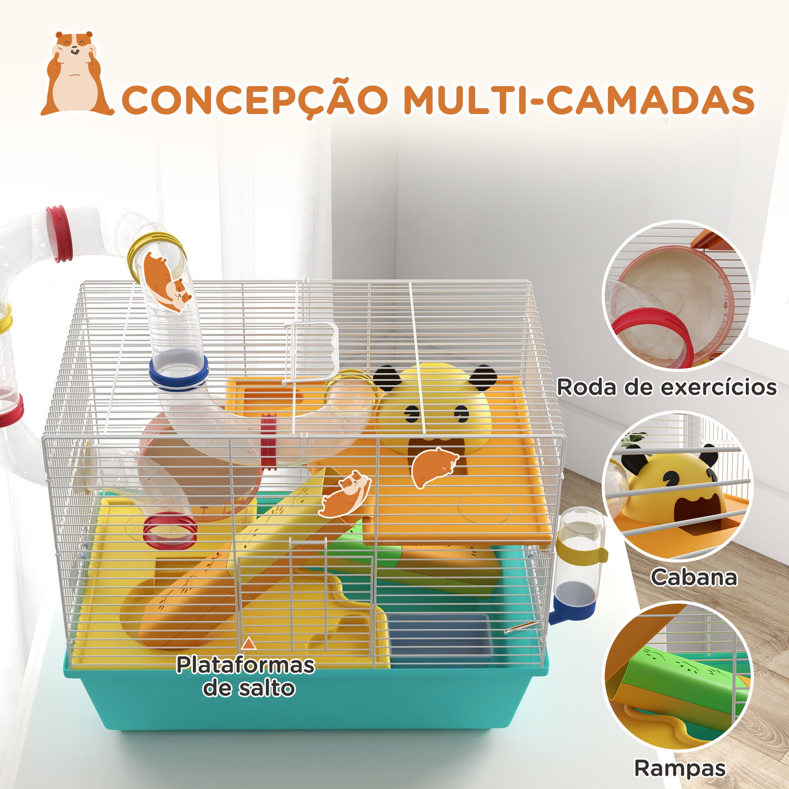 Gaiola para hamsters com túnel plataformas comedouro bebedouro casinha rampas e roda de exercício 45x28x37 cm azul claro