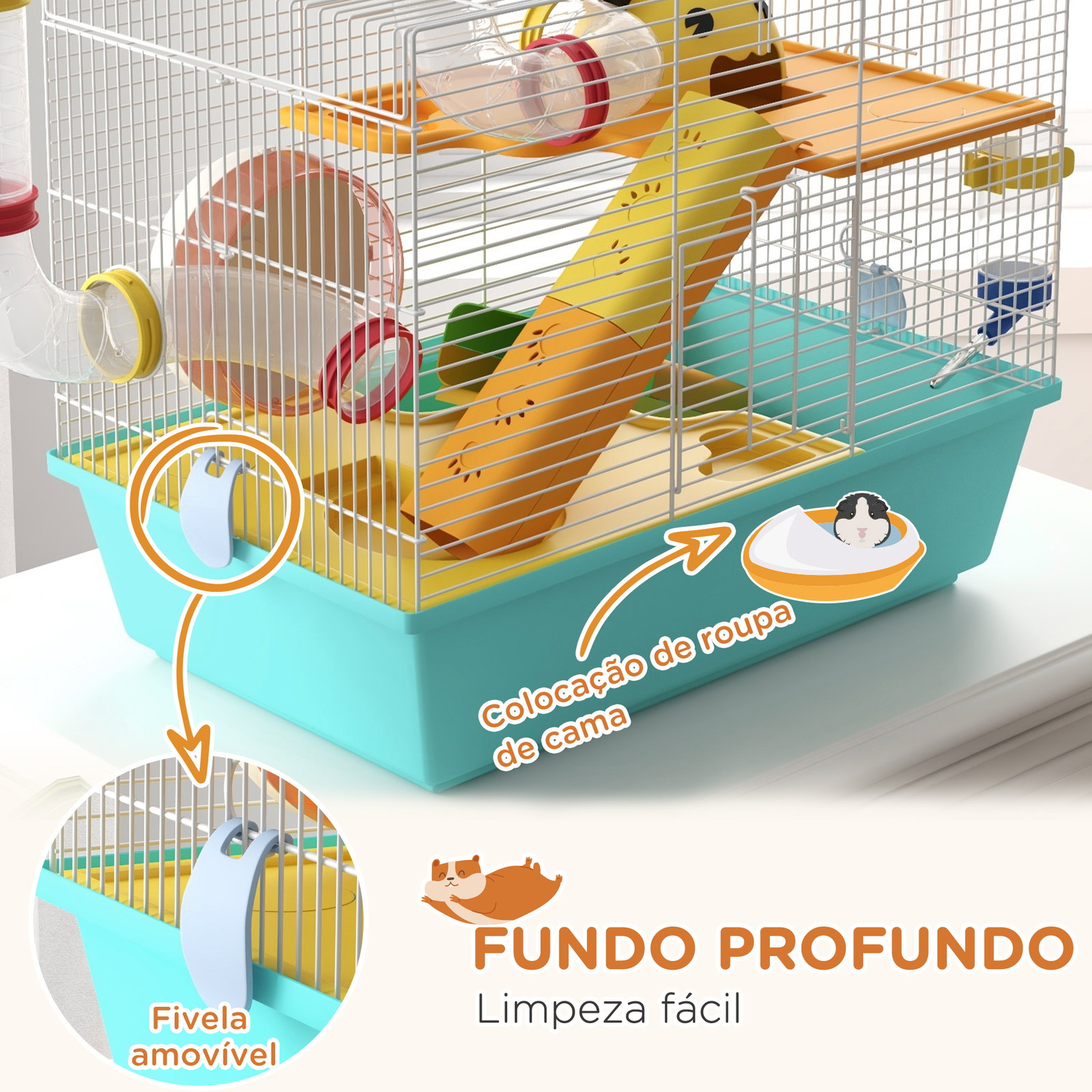 Gaiola para hamsters com túnel plataformas comedouro bebedouro casinha rampas e roda de exercício 45x28x37 cm azul claro