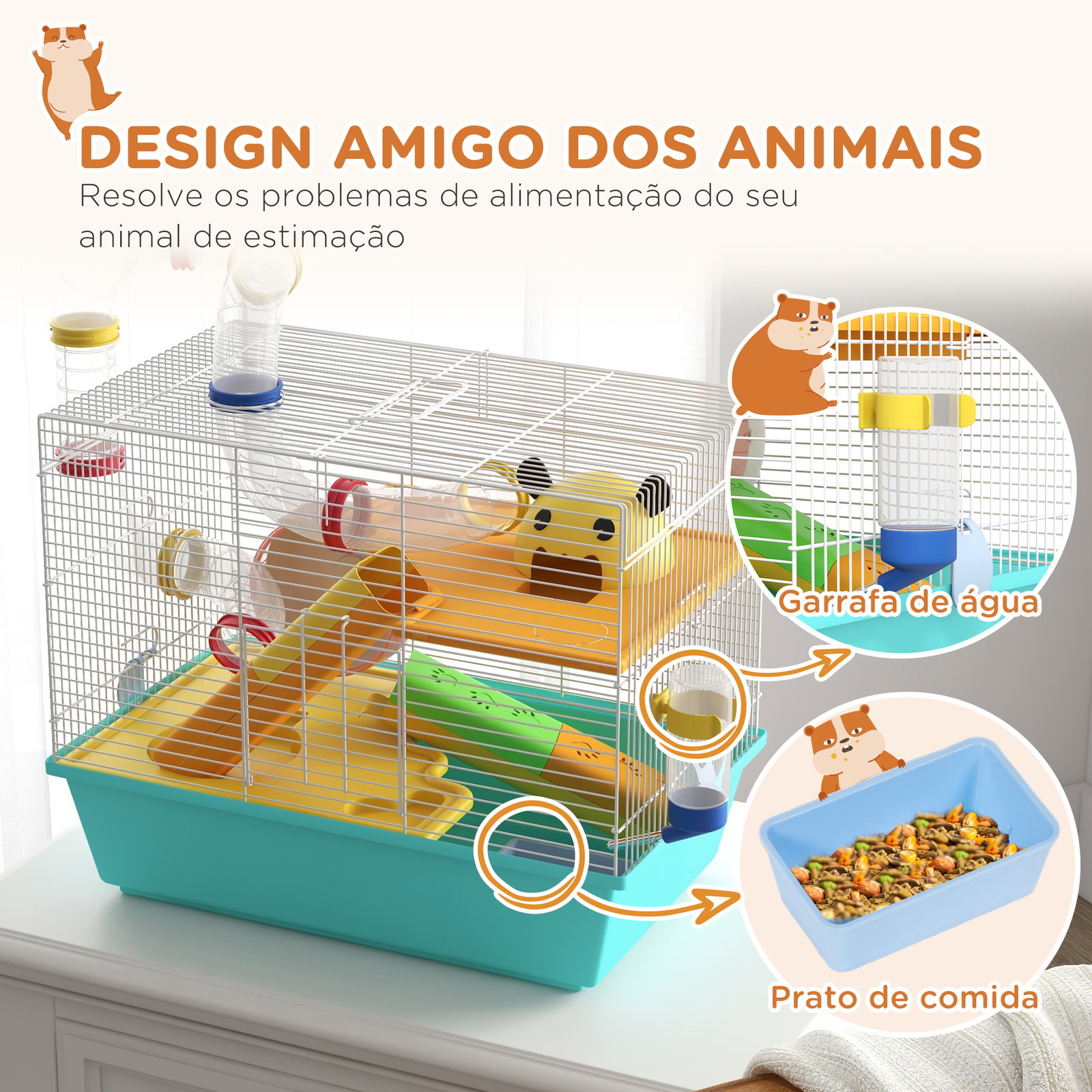 Gaiola para hamsters com túnel plataformas comedouro bebedouro casinha rampas e roda de exercício 45x28x37 cm azul claro