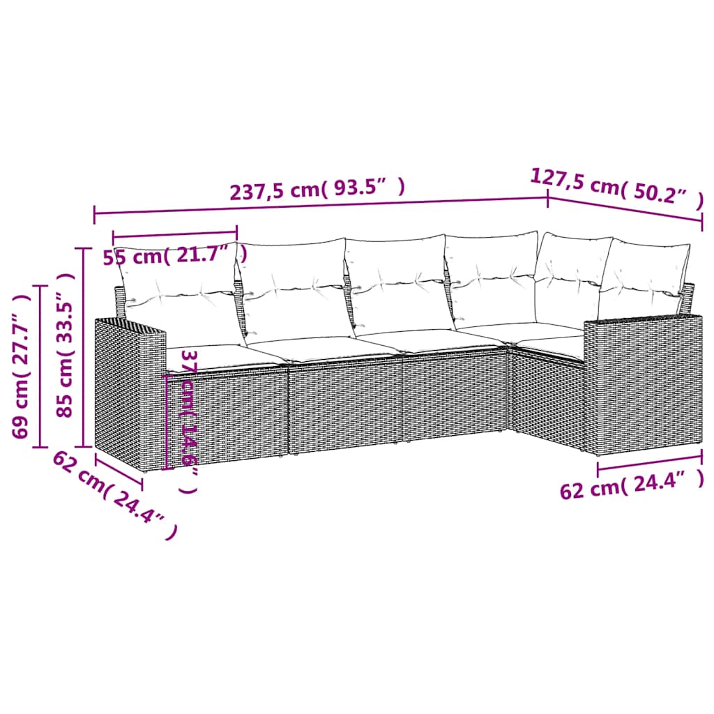 5 Pcs conj. sofás jardim c/ almofadões vime PE cinzento-claro