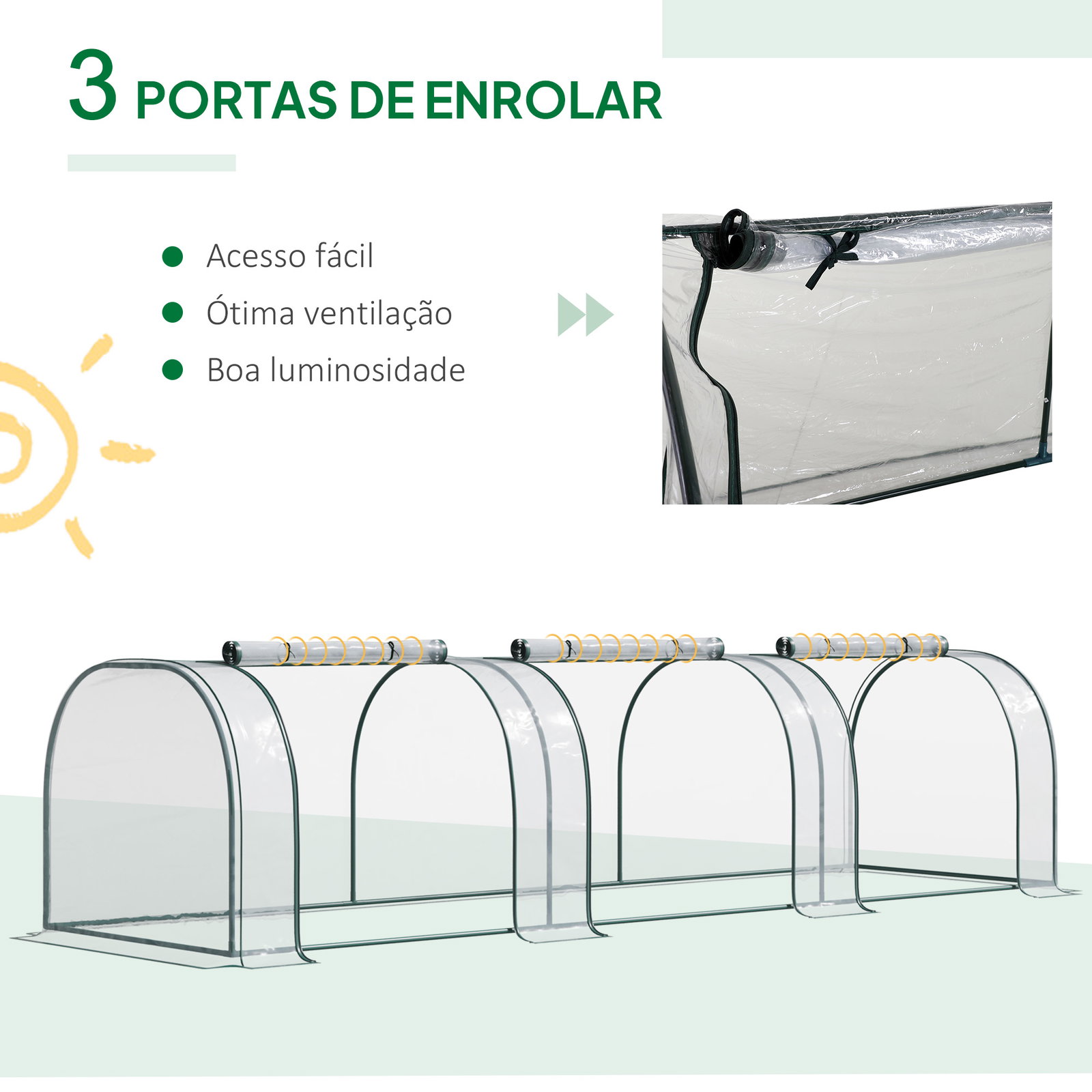 Estufa para jardim estufa pequena para cultivo de plantas com 3 janelas 350x100x80 cm transparente e verde