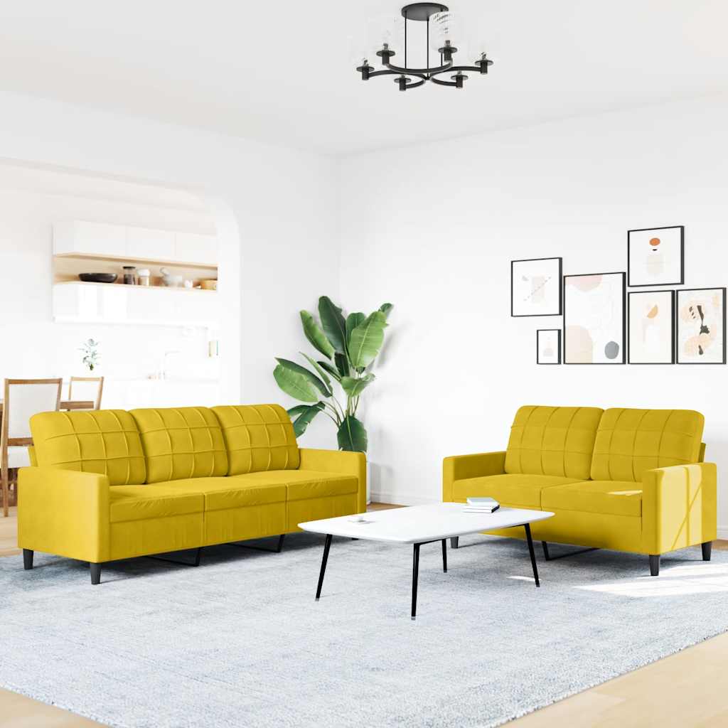 2 Pcs conjunto de sofás com almofadões veludo amarelo