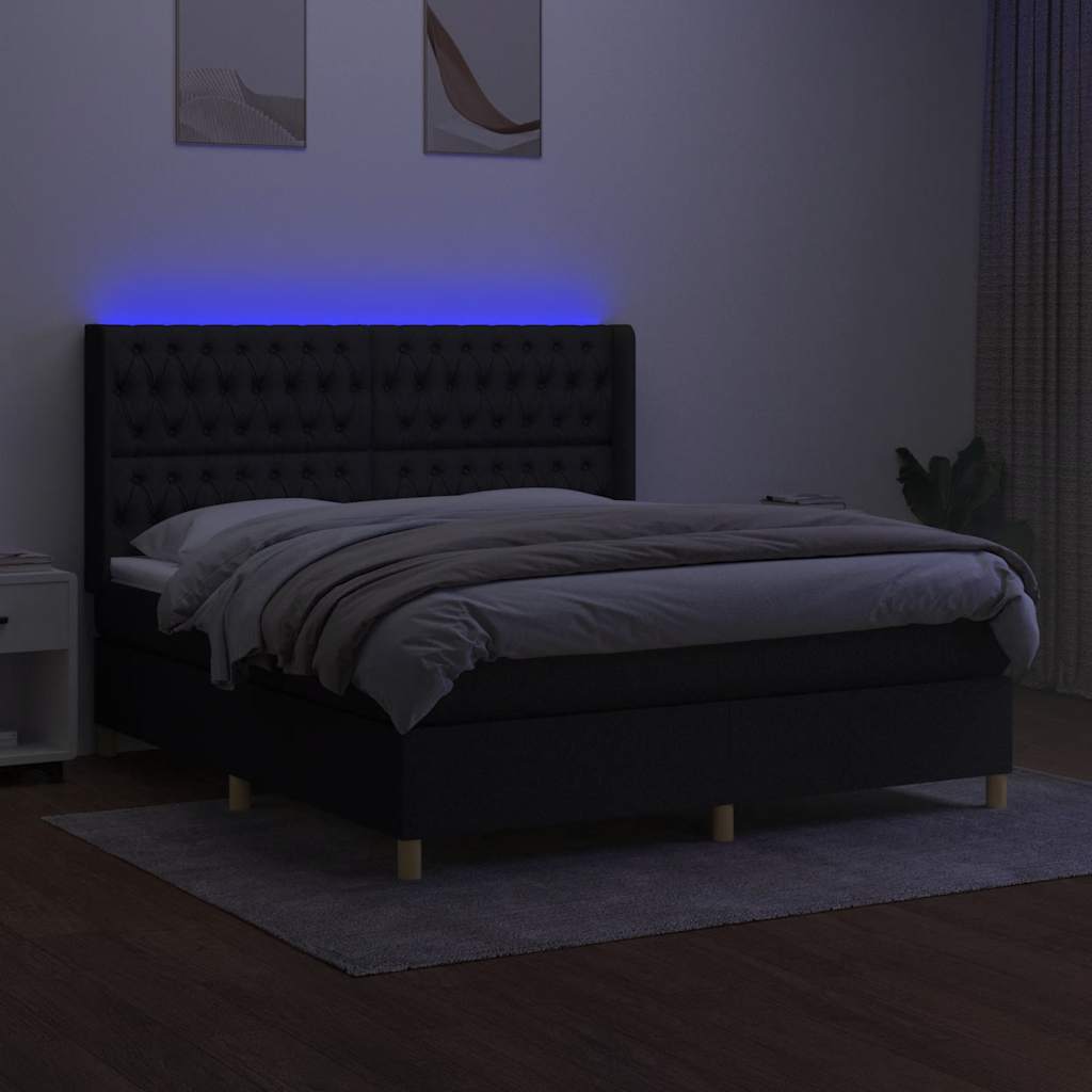 Cama box spring c/ colchão e LED 180x200 cm tecido preto