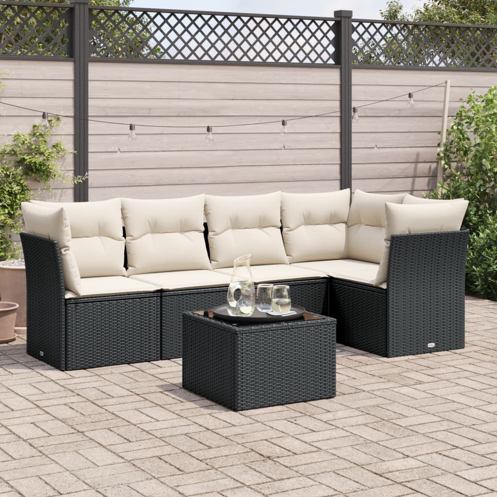 6 Pcs conjunto sofás de jardim c/ almofadões vime PE preto