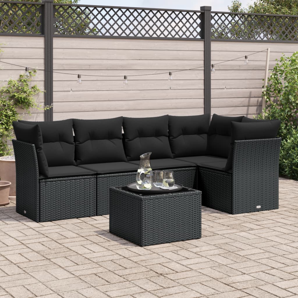 6 Pcs conjunto sofás de jardim c/ almofadões vime PE preto