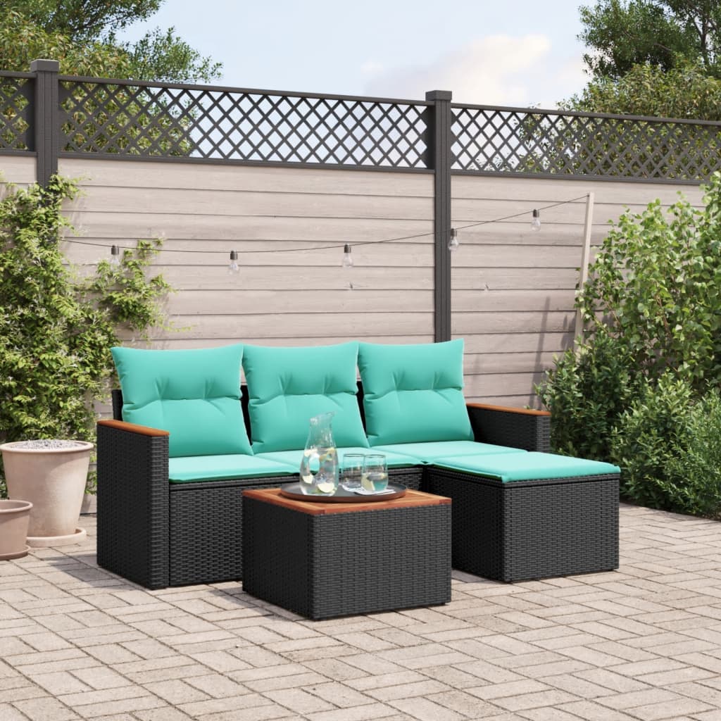 Conjunto de sofá de jardim de 5 peças com almofadas em rattan sintético preto