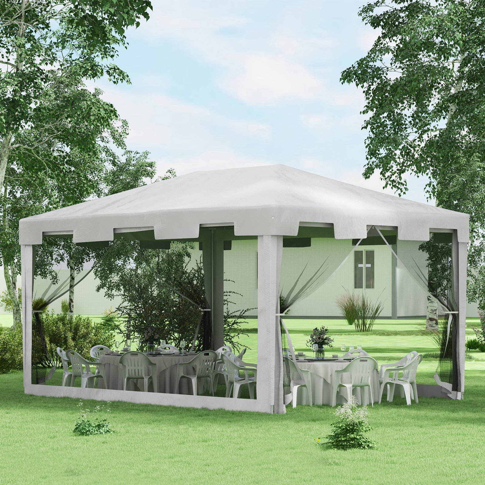 Tenda de jardim 4x3 m tenda desmontável com 4 mosqueteiras laterais 2 portas e 8 orifícios de drenagem branco