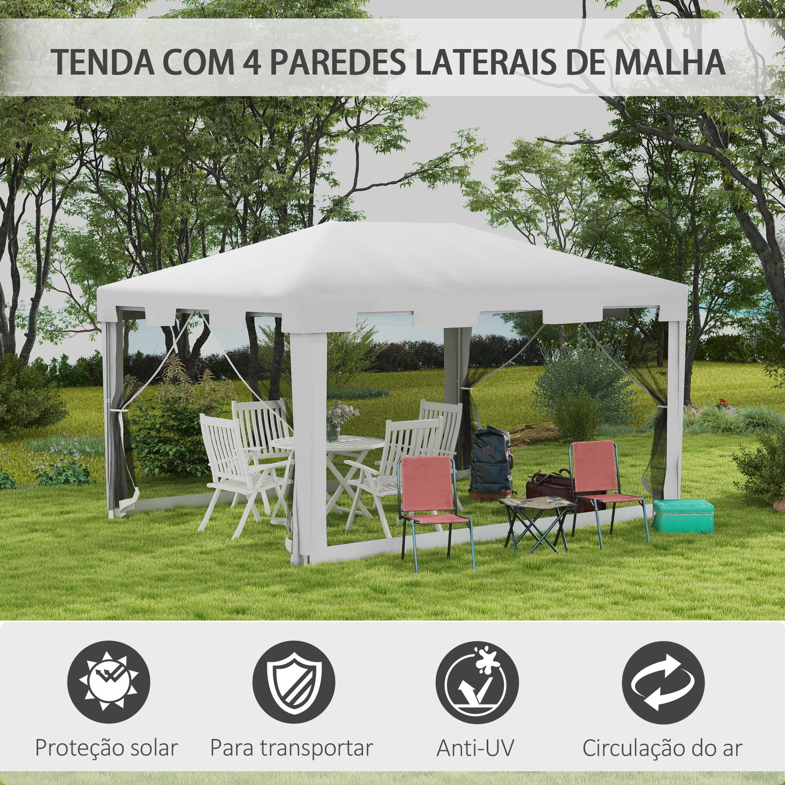 Tenda de jardim 4x3 m tenda desmontável com 4 mosqueteiras laterais 2 portas e 8 orifícios de drenagem branco