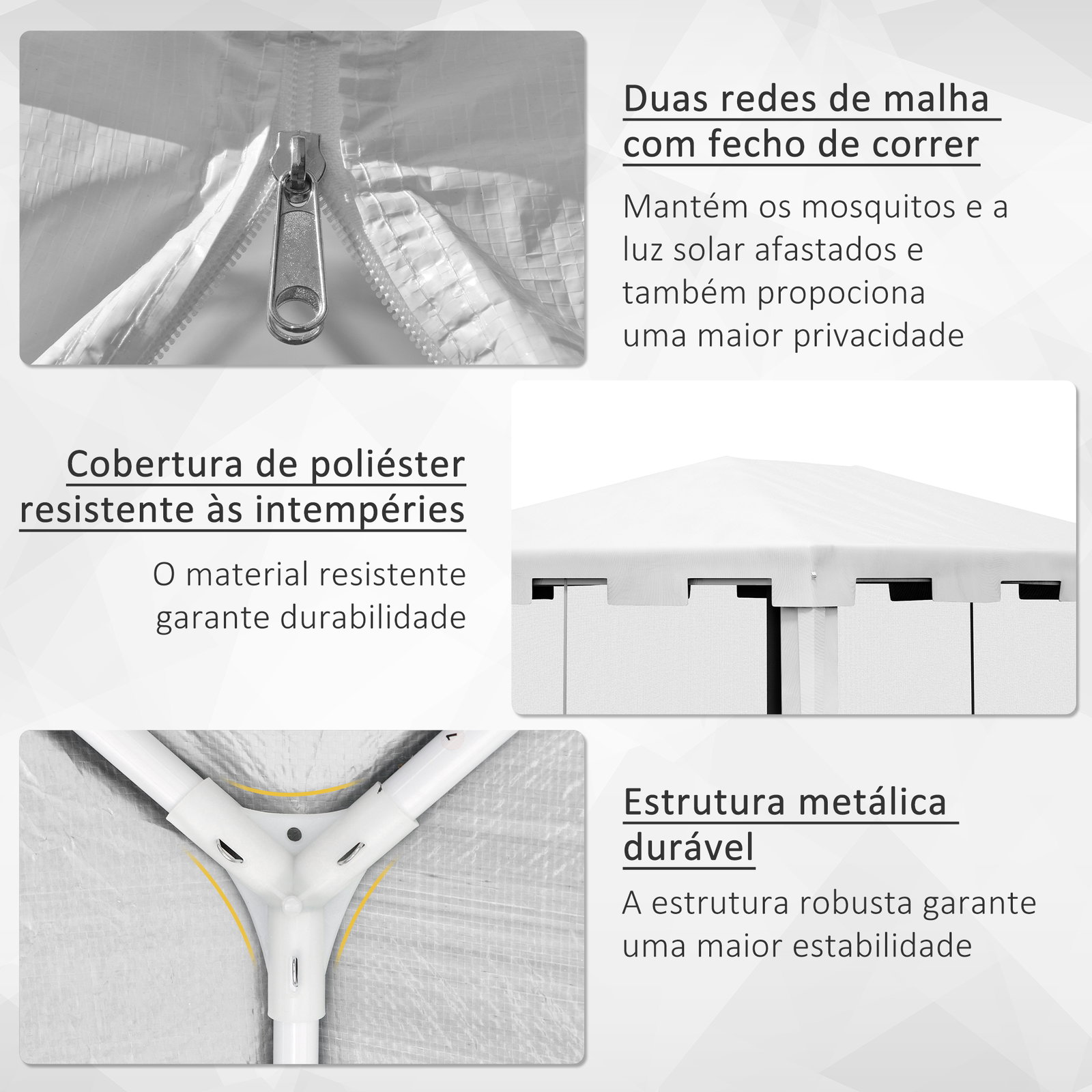 Tenda de jardim 4x3 m tenda desmontável com 4 mosqueteiras laterais 2 portas e 8 orifícios de drenagem branco