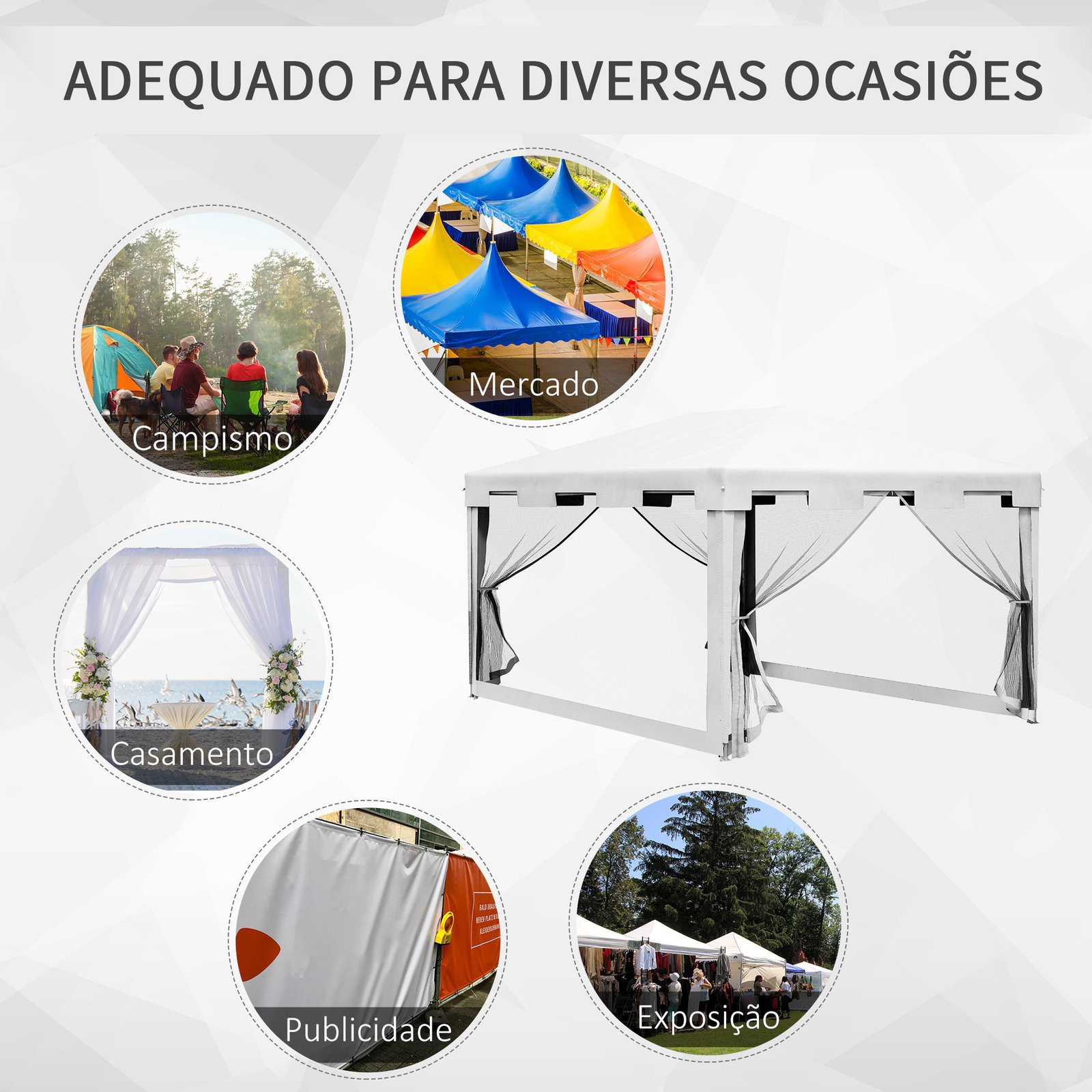 Tenda de jardim 4x3 m tenda desmontável com 4 mosqueteiras laterais 2 portas e 8 orifícios de drenagem branco