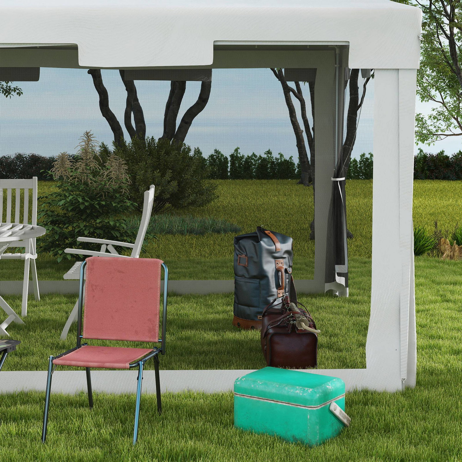 Tenda de jardim 4x3 m tenda desmontável com 4 mosqueteiras laterais 2 portas e 8 orifícios de drenagem branco