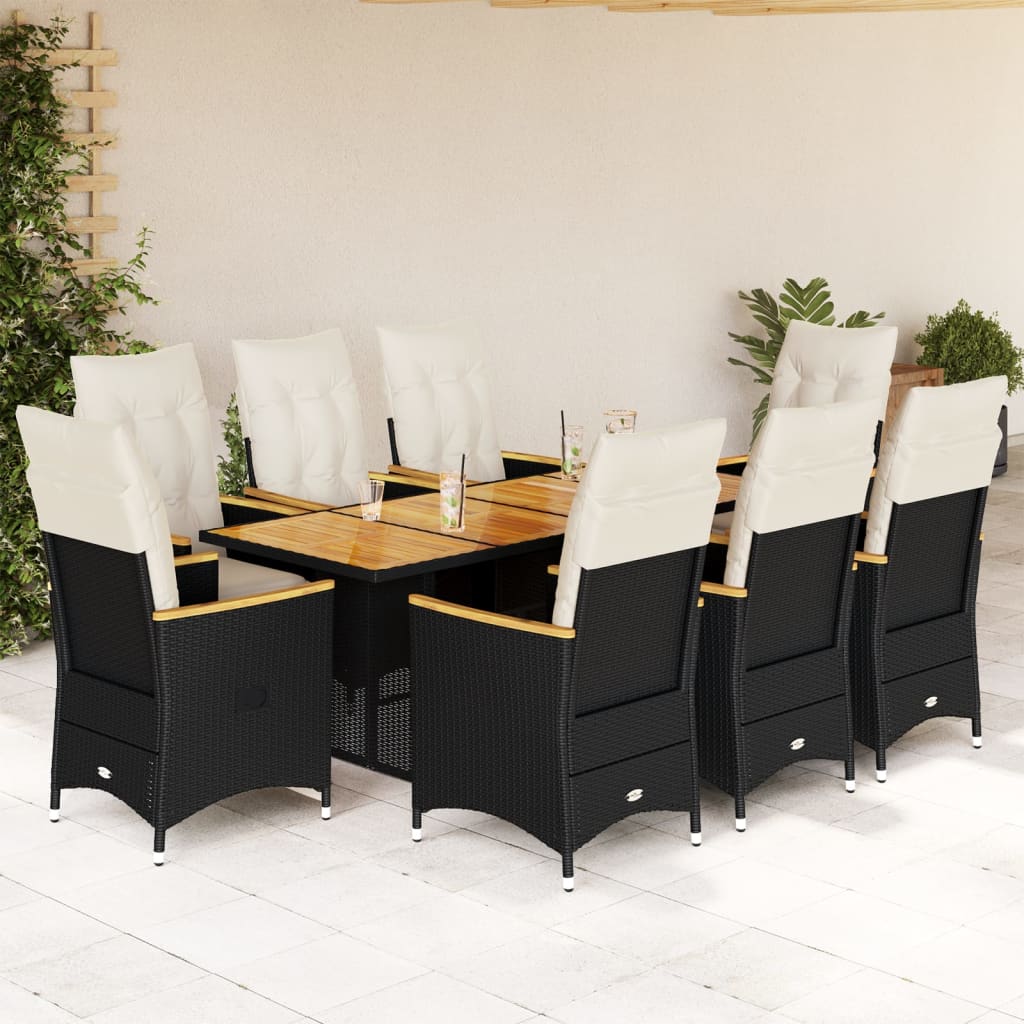 9 Pcs conjunto de bistrô p/ jardim c/ almofadões vime PE preto