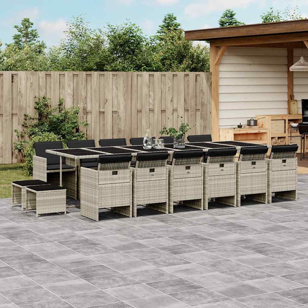 17 Pcs conj. jantar jardim c/ almofadões vime PE cinzento-claro
