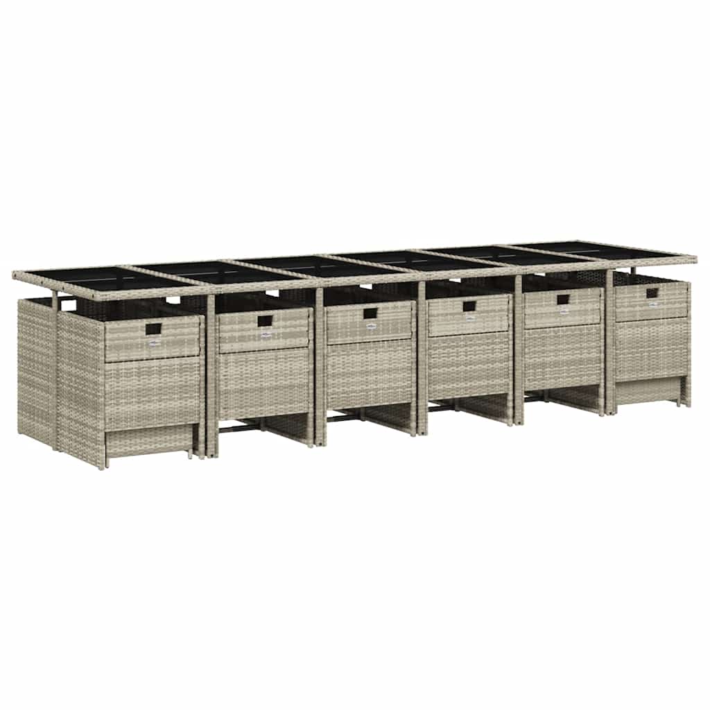 17 Pcs conj. jantar jardim c/ almofadões vime PE cinzento-claro