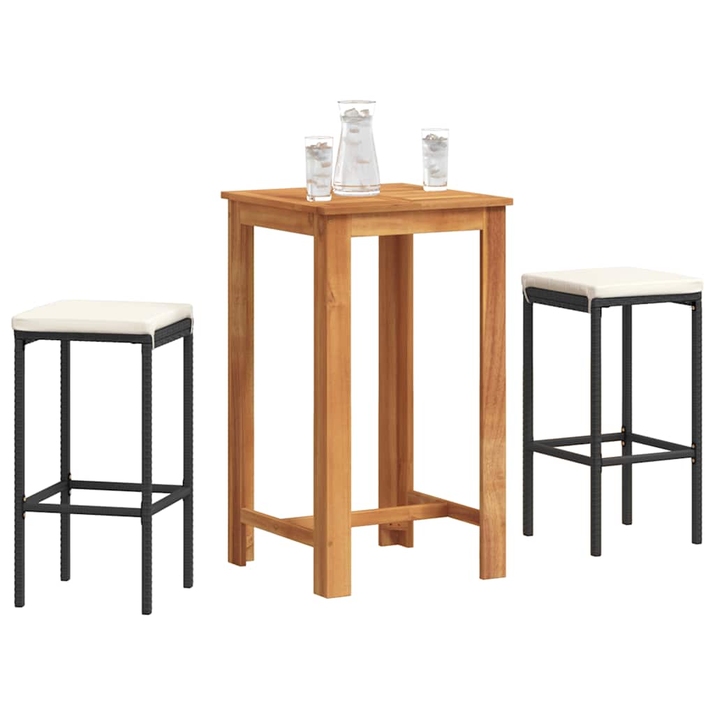 3 Pcs conjunto de bar para jardim acácia maciça/vime PE preto
