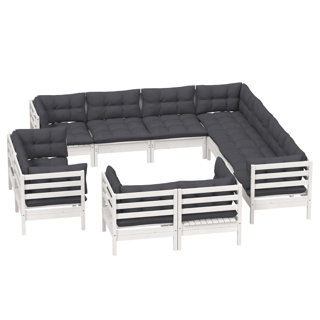11 Pcs conj. lounge de jardim c/ almofadões pinho maciço branco