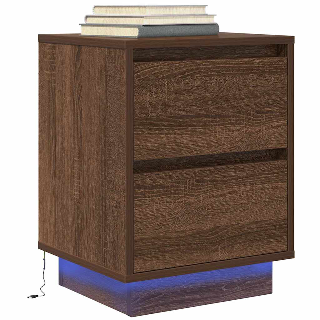 Mesa de cabeceira com luzes LED 38x34x50 cm carvalho castanho