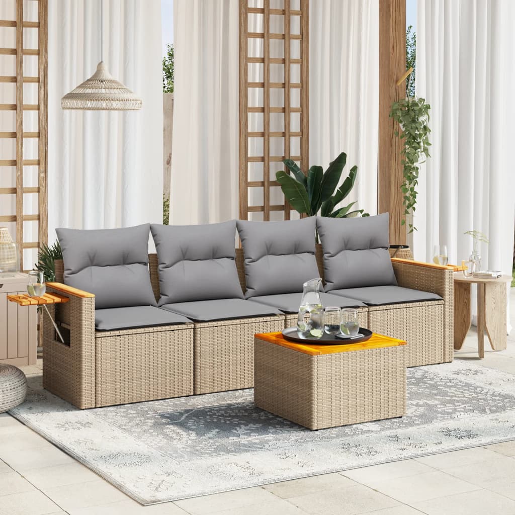 5 Pcs conjunto de sofás p/ jardim com almofadões vime PE bege