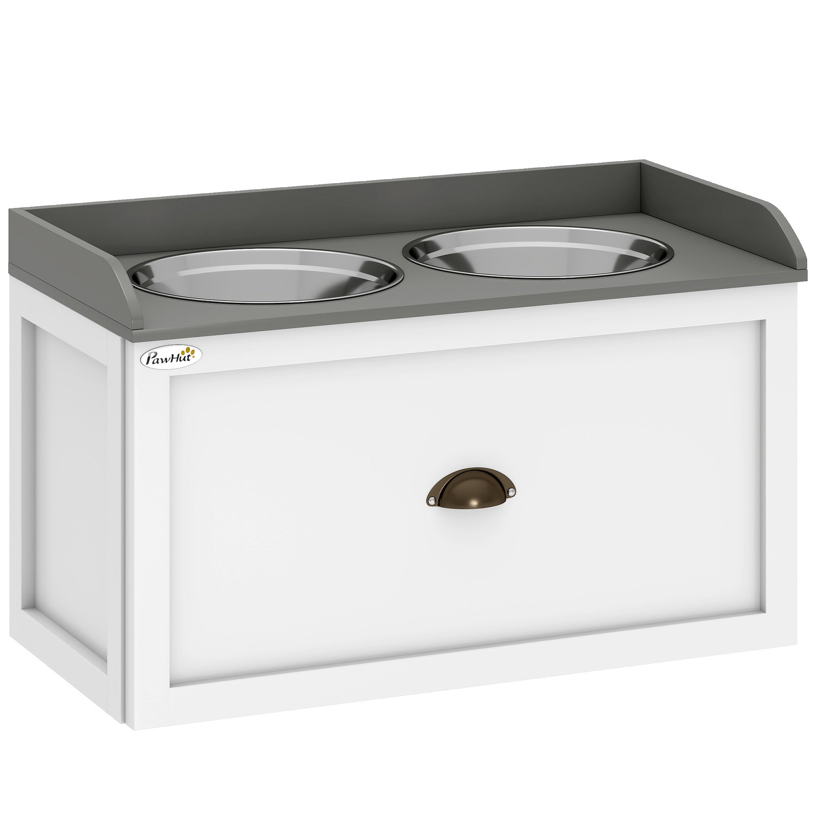 Comedouro elevado para cães com 2 tigelas 2000ml de aço inoxidável gaveta oculta com suporte de madeira 60x30x36cm branco