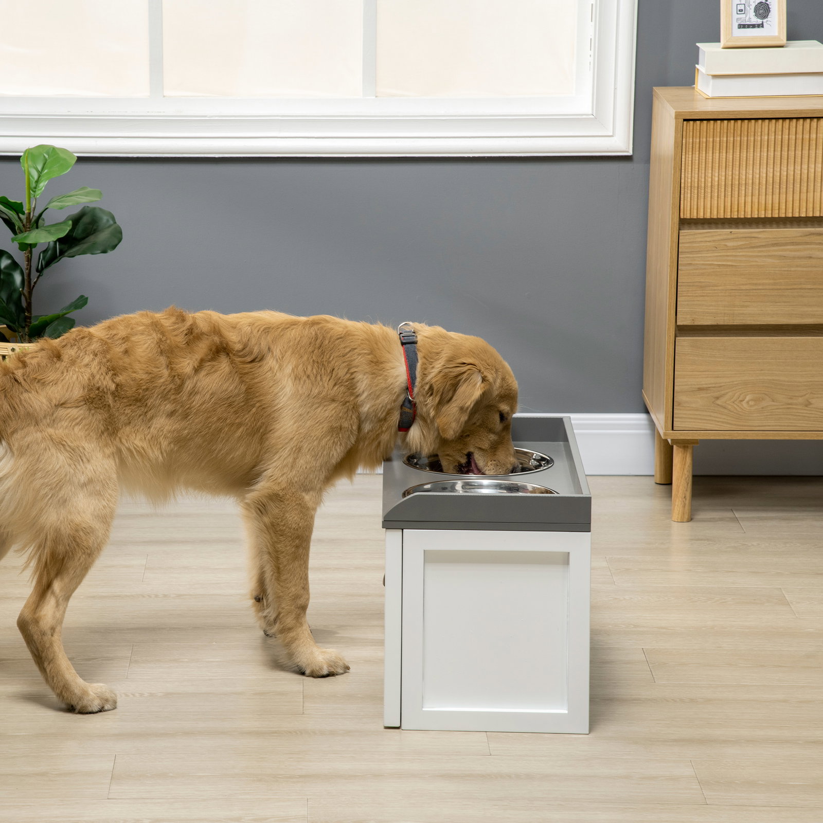 Comedouro elevado para cães com 2 tigelas 2000ml de aço inoxidável gaveta oculta com suporte de madeira 60x30x36cm branco