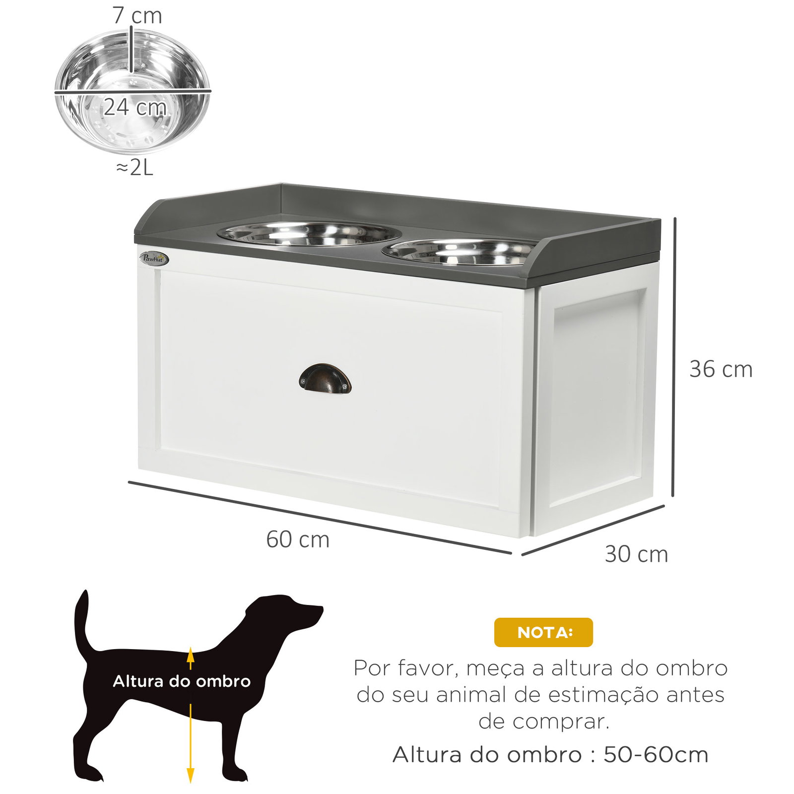 Comedouro elevado para cães com 2 tigelas 2000ml de aço inoxidável gaveta oculta com suporte de madeira 60x30x36cm branco