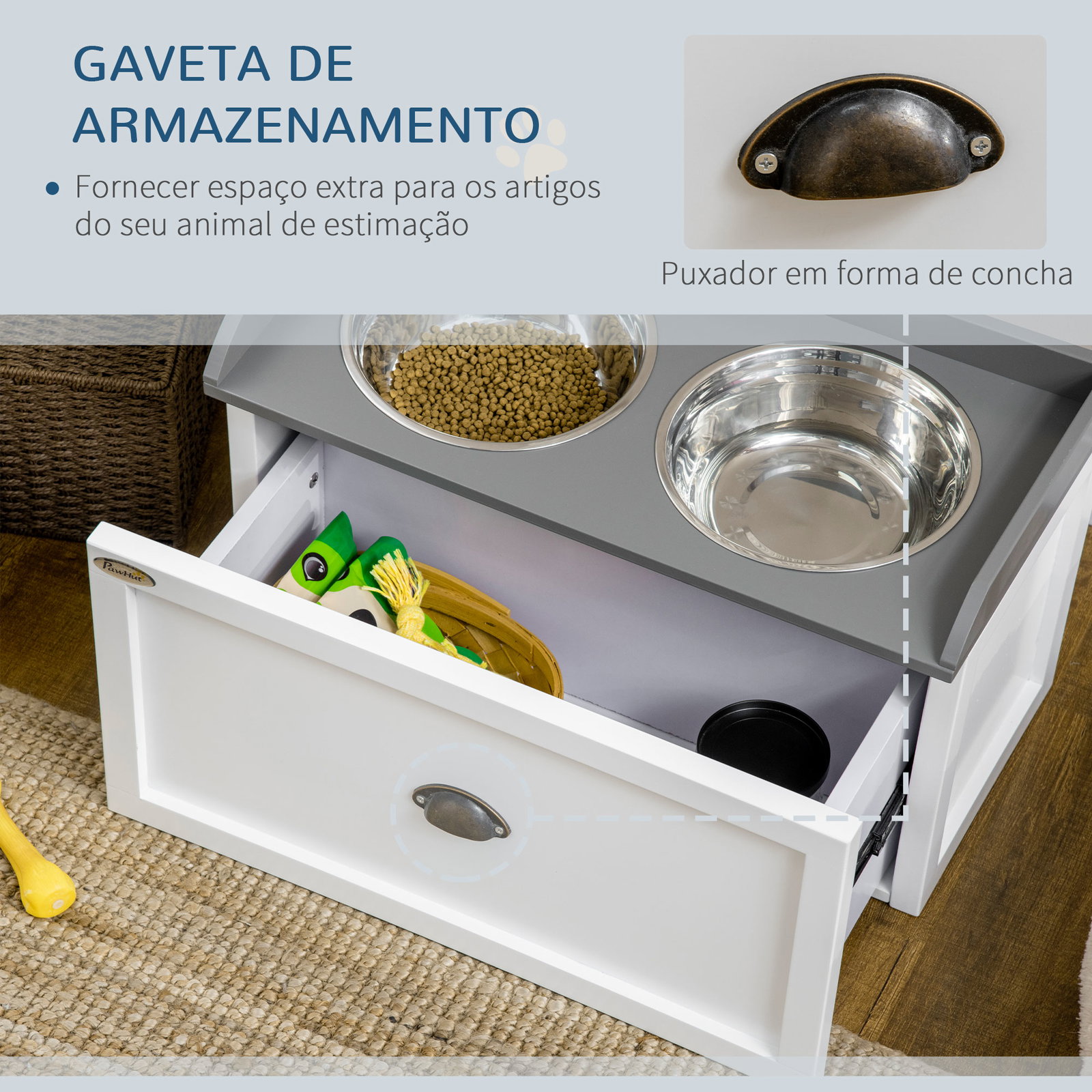 Comedouro elevado para cães com 2 tigelas 2000ml de aço inoxidável gaveta oculta com suporte de madeira 60x30x36cm branco