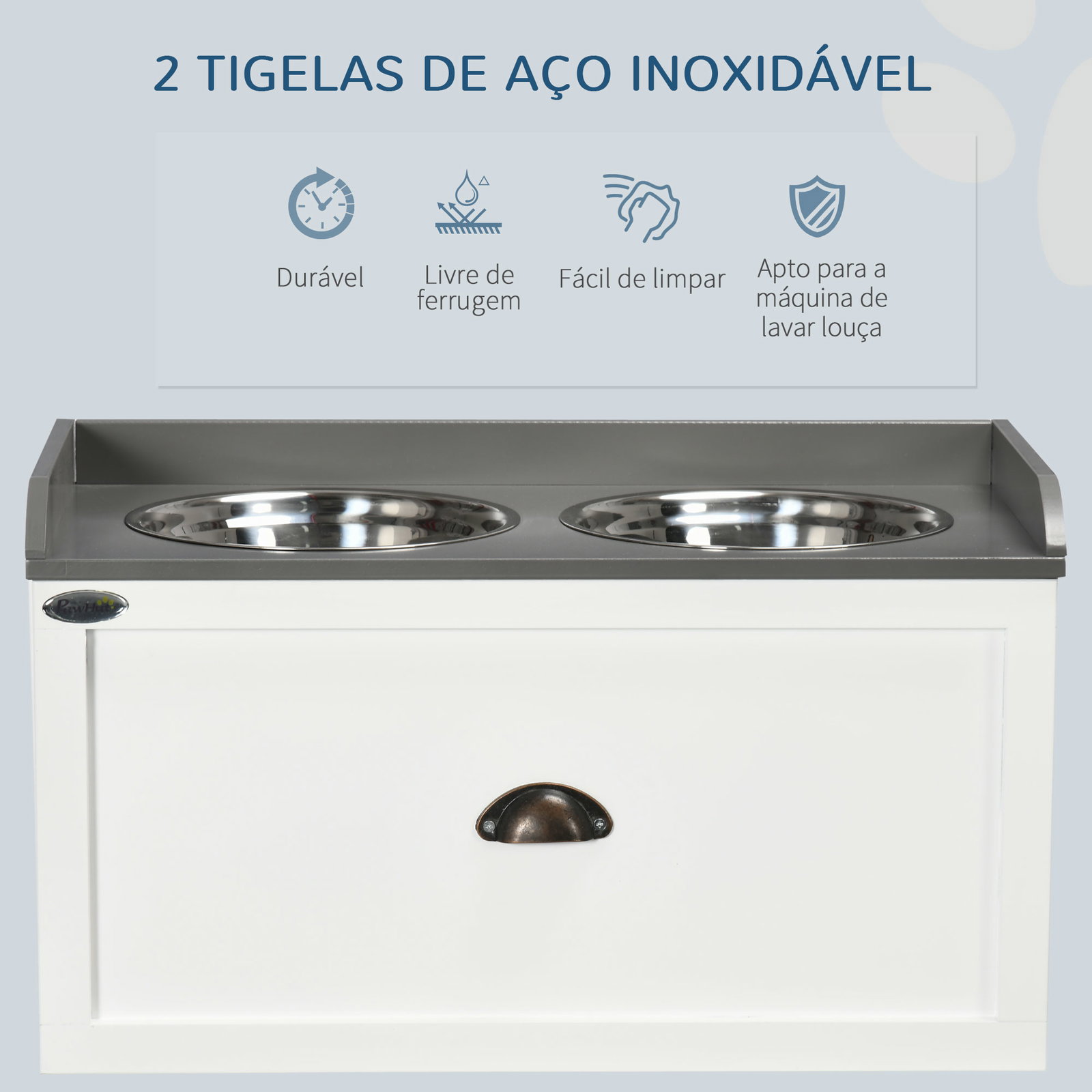 Comedouro elevado para cães com 2 tigelas 2000ml de aço inoxidável gaveta oculta com suporte de madeira 60x30x36cm branco