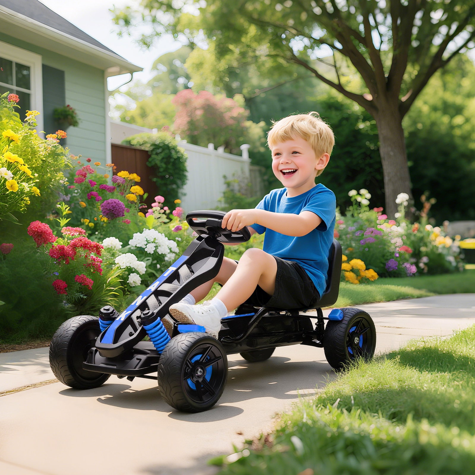 Kart a pedais para crianças com embraiagem automática travão e rodas antiderrapantes em eva 100x59x60,5 cm azul