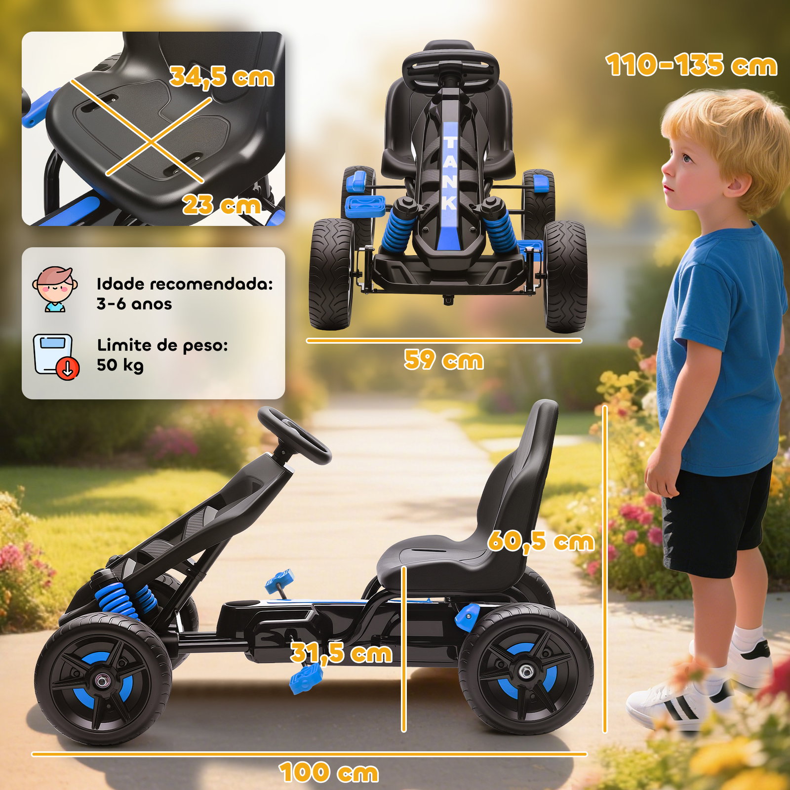 Kart a pedais para crianças com embraiagem automática travão e rodas antiderrapantes em eva 100x59x60,5 cm azul