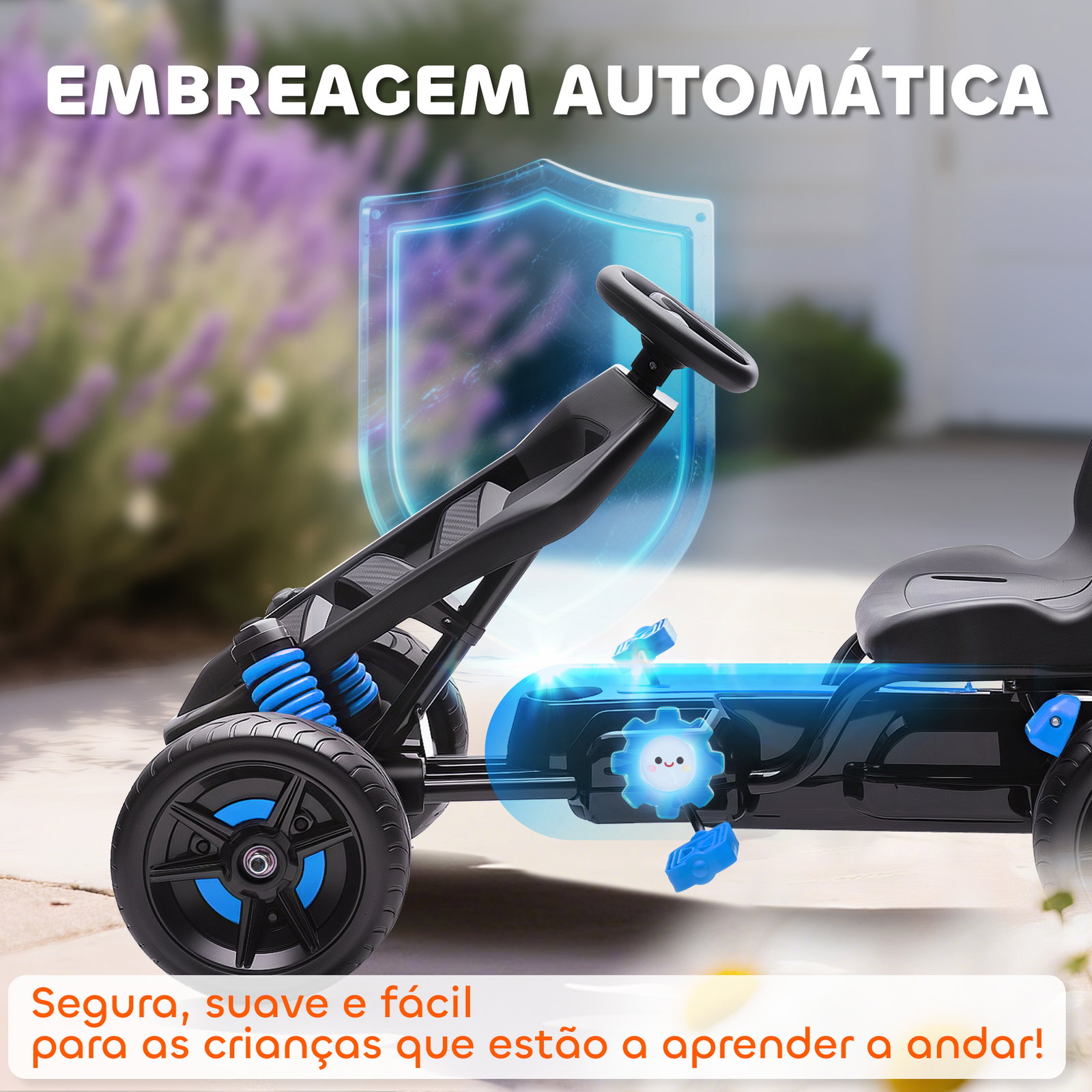 Kart a pedais para crianças com embraiagem automática travão e rodas antiderrapantes em eva 100x59x60,5 cm azul
