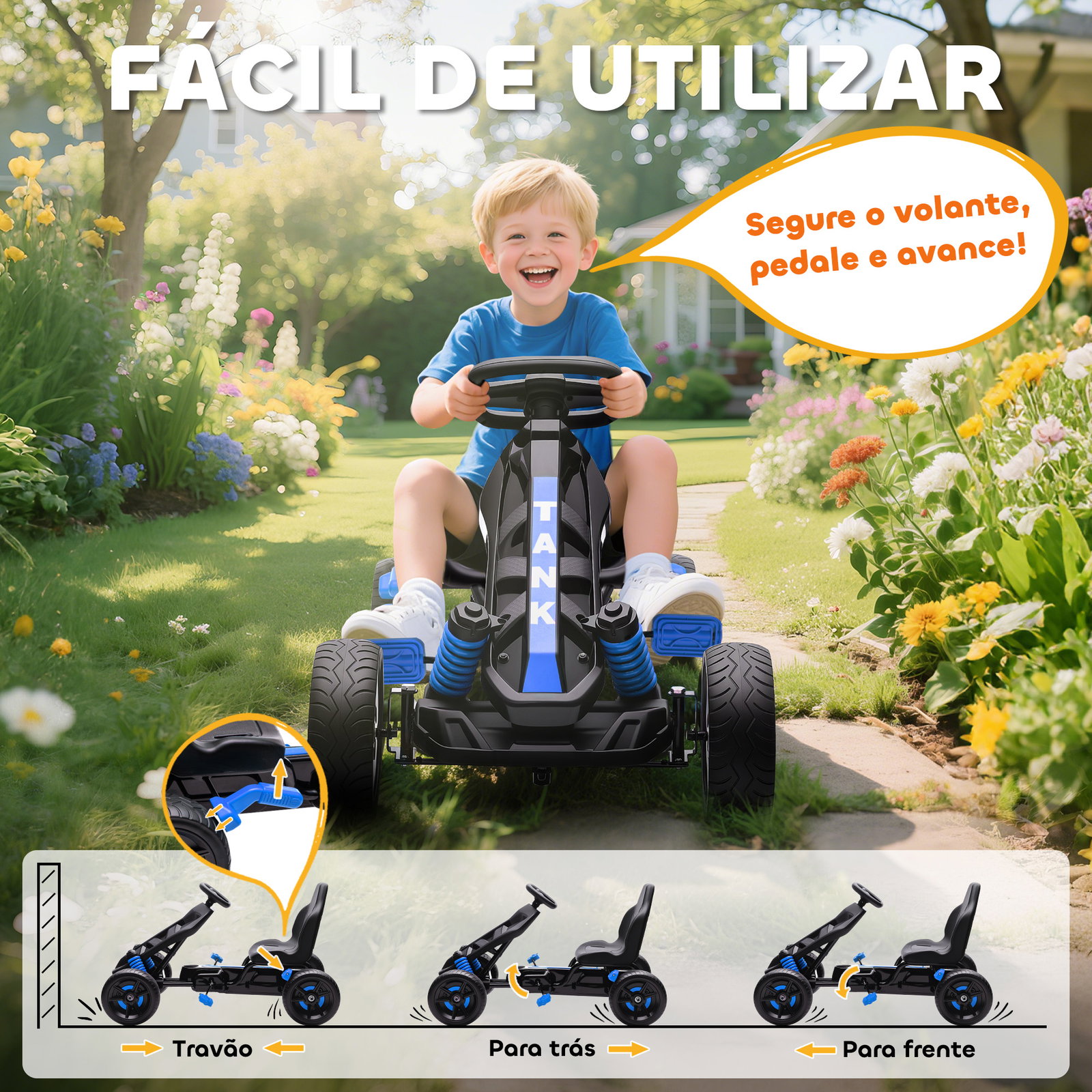 Kart a pedais para crianças com embraiagem automática travão e rodas antiderrapantes em eva 100x59x60,5 cm azul