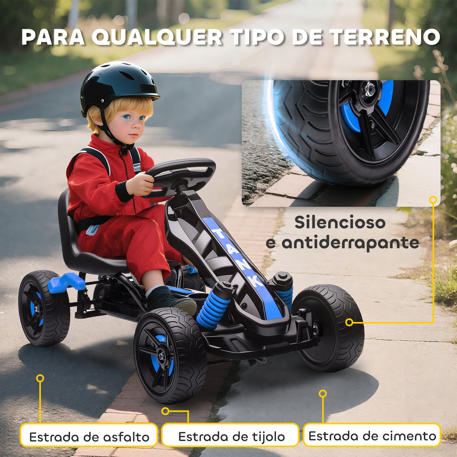 Kart a pedais para crianças com embraiagem automática travão e rodas antiderrapantes em eva 100x59x60,5 cm azul
