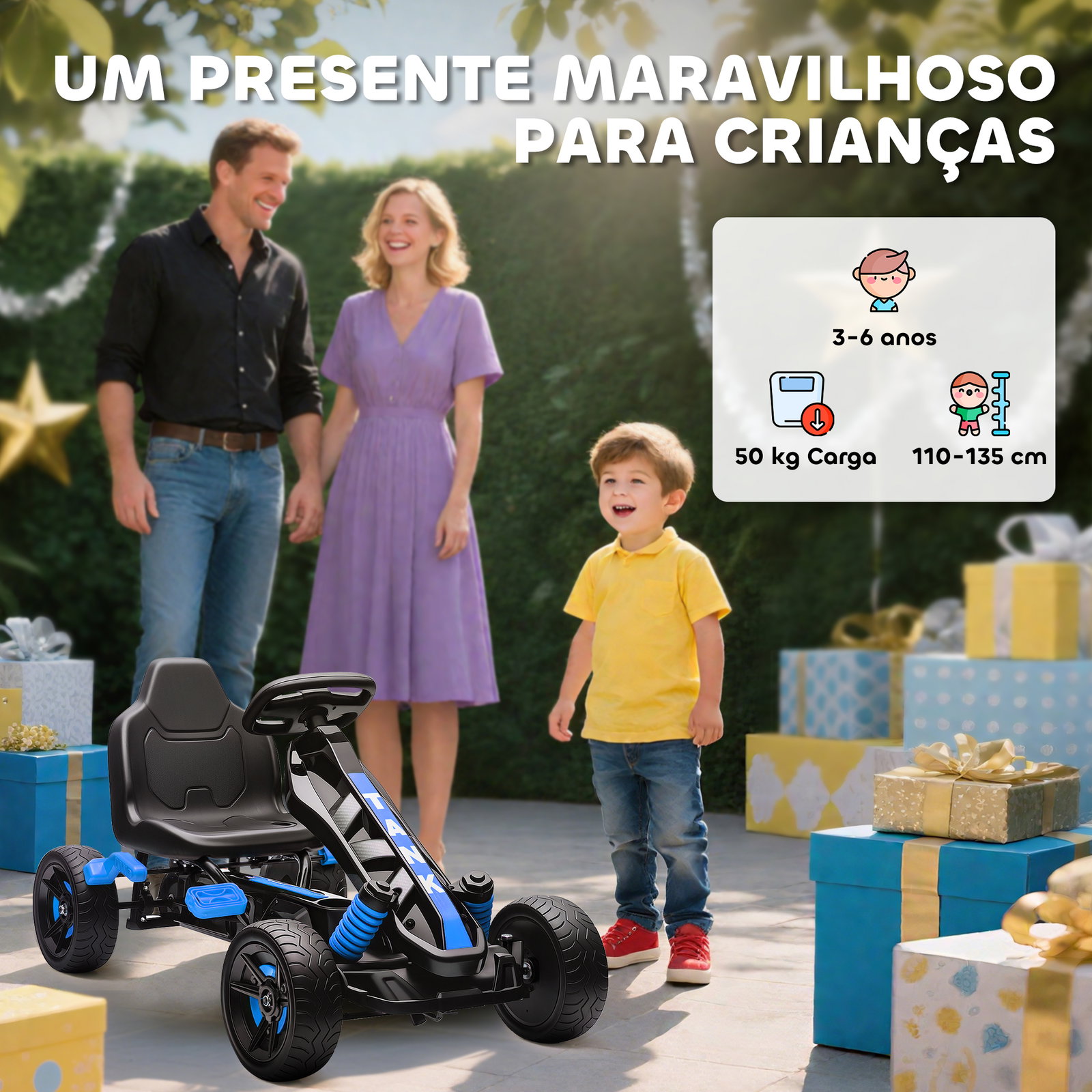 Kart a pedais para crianças com embraiagem automática travão e rodas antiderrapantes em eva 100x59x60,5 cm azul