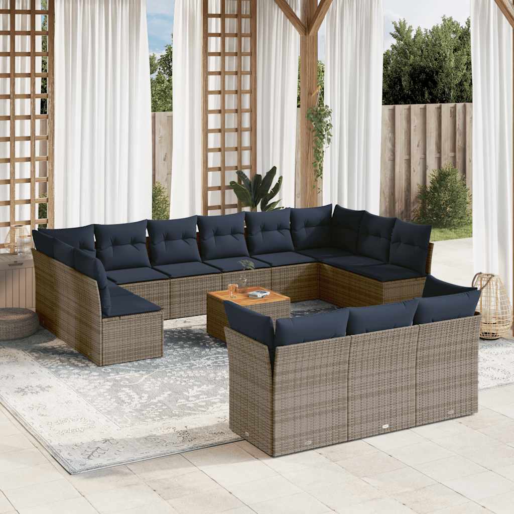14 Pcs conjunto sofás p/ jardim c/ almofadões vime PE cinzento