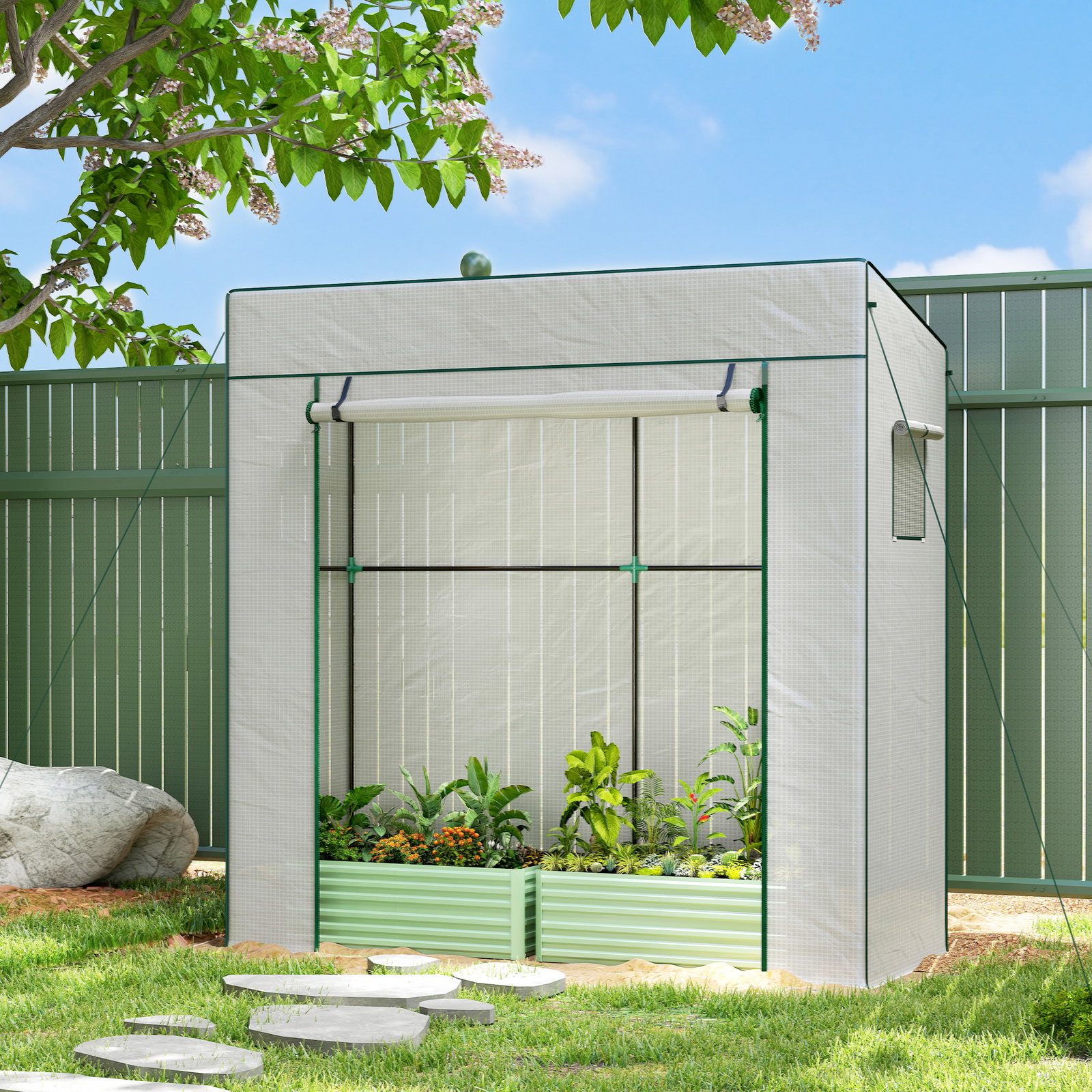 Estufa de exterior com janelas de rede e porta com fecho de correr para cultivar plantas e flores 196x77x197 cm branco