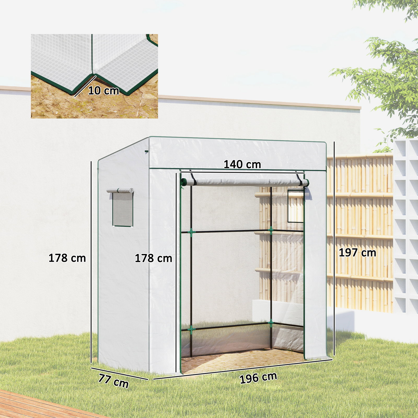 Estufa de exterior com janelas de rede e porta com fecho de correr para cultivar plantas e flores 196x77x197 cm branco
