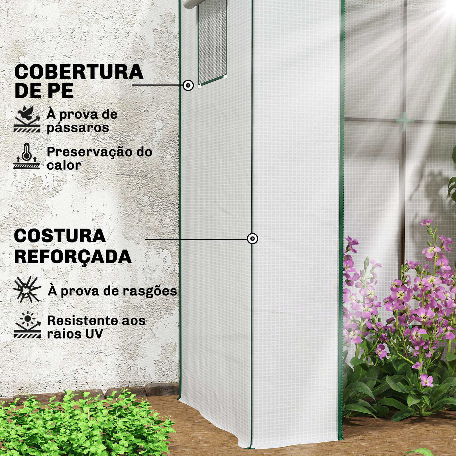Estufa de exterior com janelas de rede e porta com fecho de correr para cultivar plantas e flores 196x77x197 cm branco