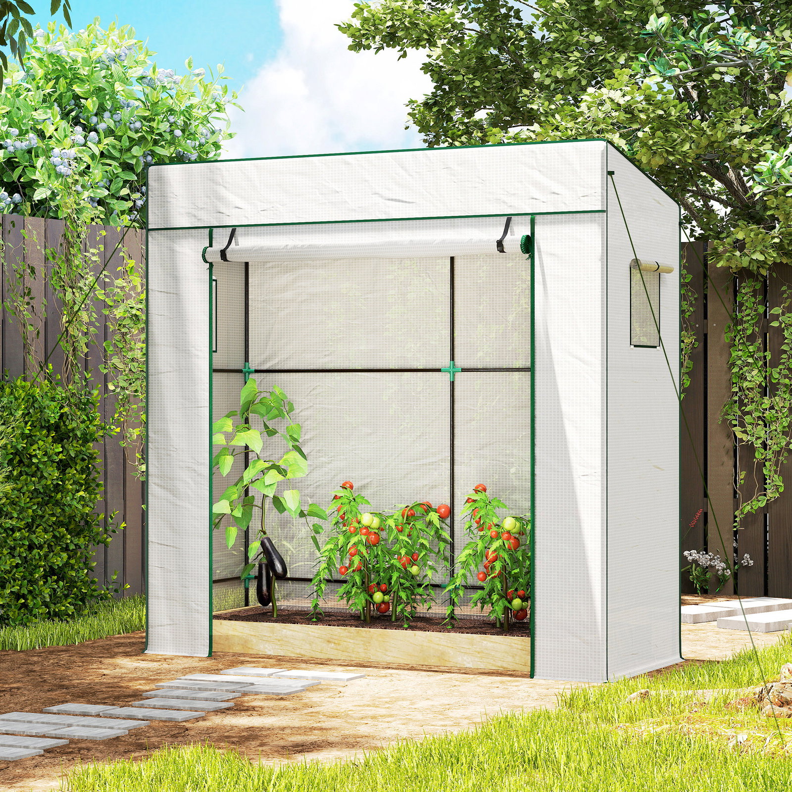 Estufa de exterior com janelas de rede e porta com fecho de correr para cultivar plantas e flores 196x77x197 cm branco