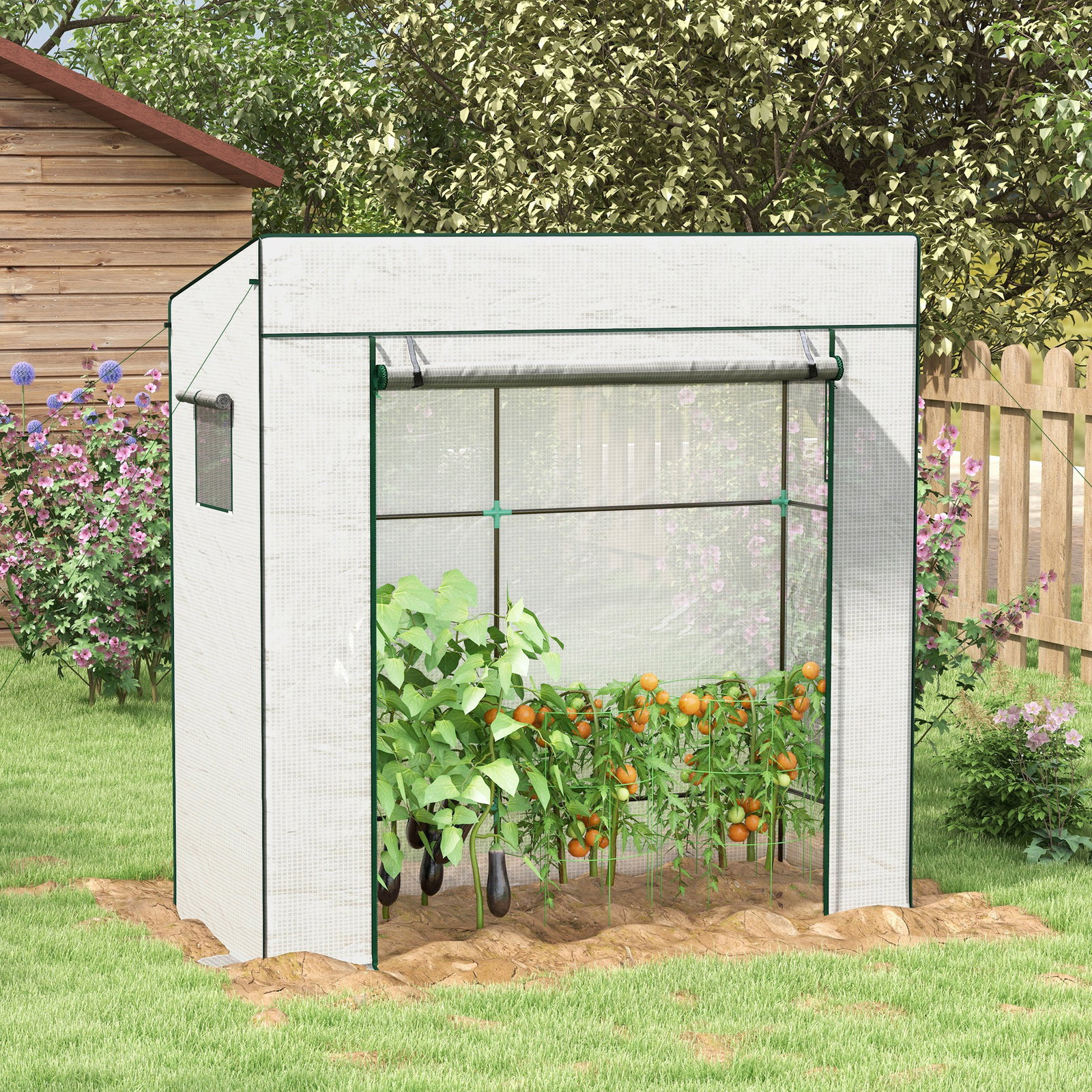 Estufa de exterior com janelas de rede e porta com fecho de correr para cultivar plantas e flores 196x77x197 cm branco